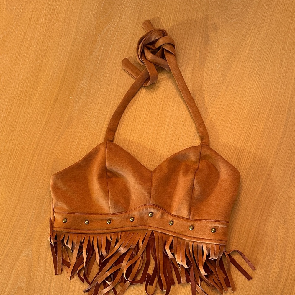Brown Fringe Halter Top